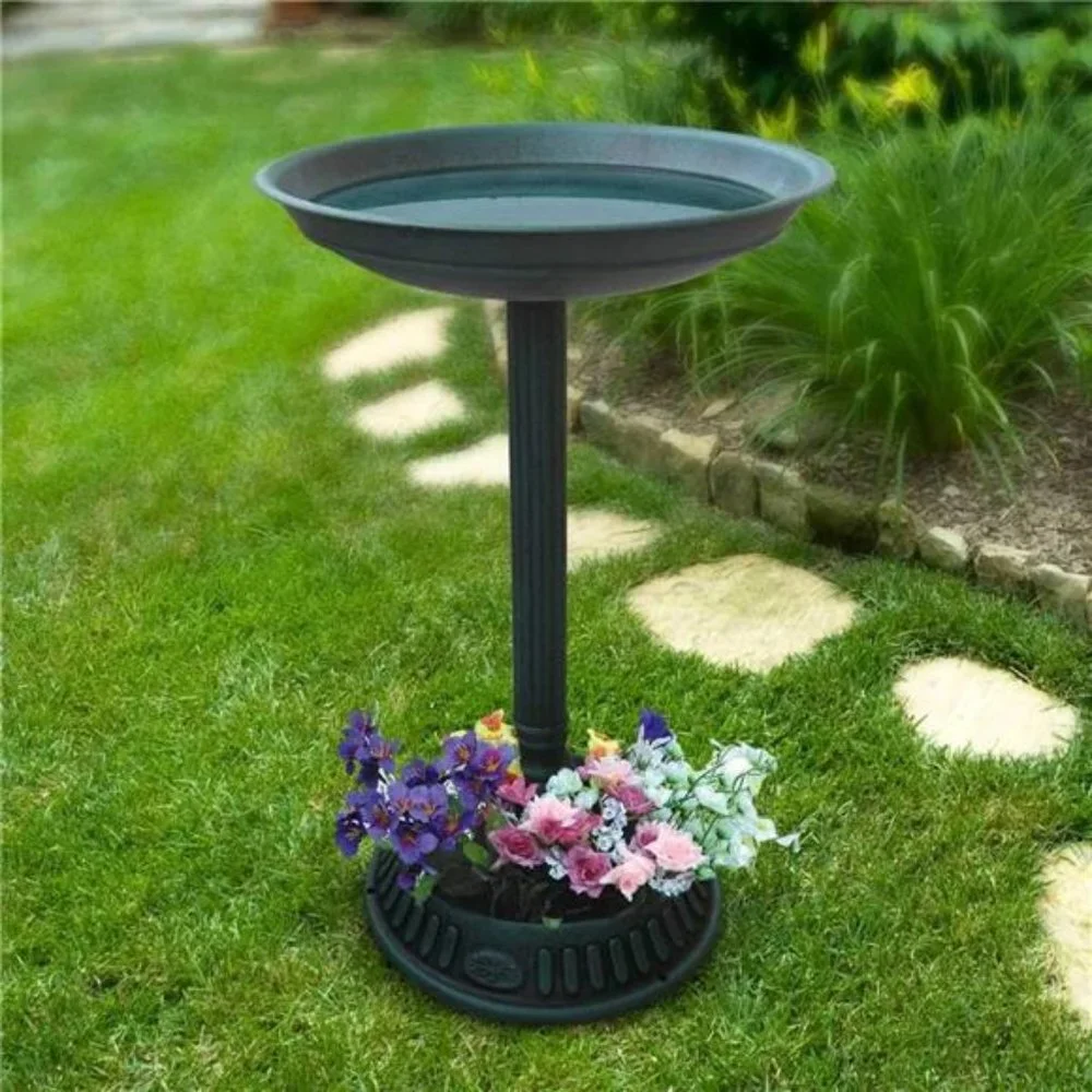 Plastic Outdoor Decor for Garden, Patio, Deck, Porch-Green Birdbath with Planter